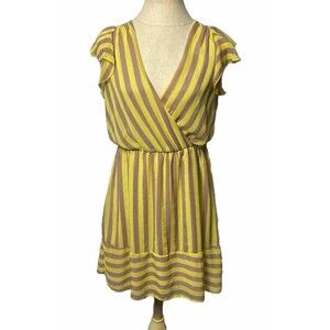 PEPPERMINT Tan Yellow Stripe Ruffle Short Sleeve V Neck Dress Size M